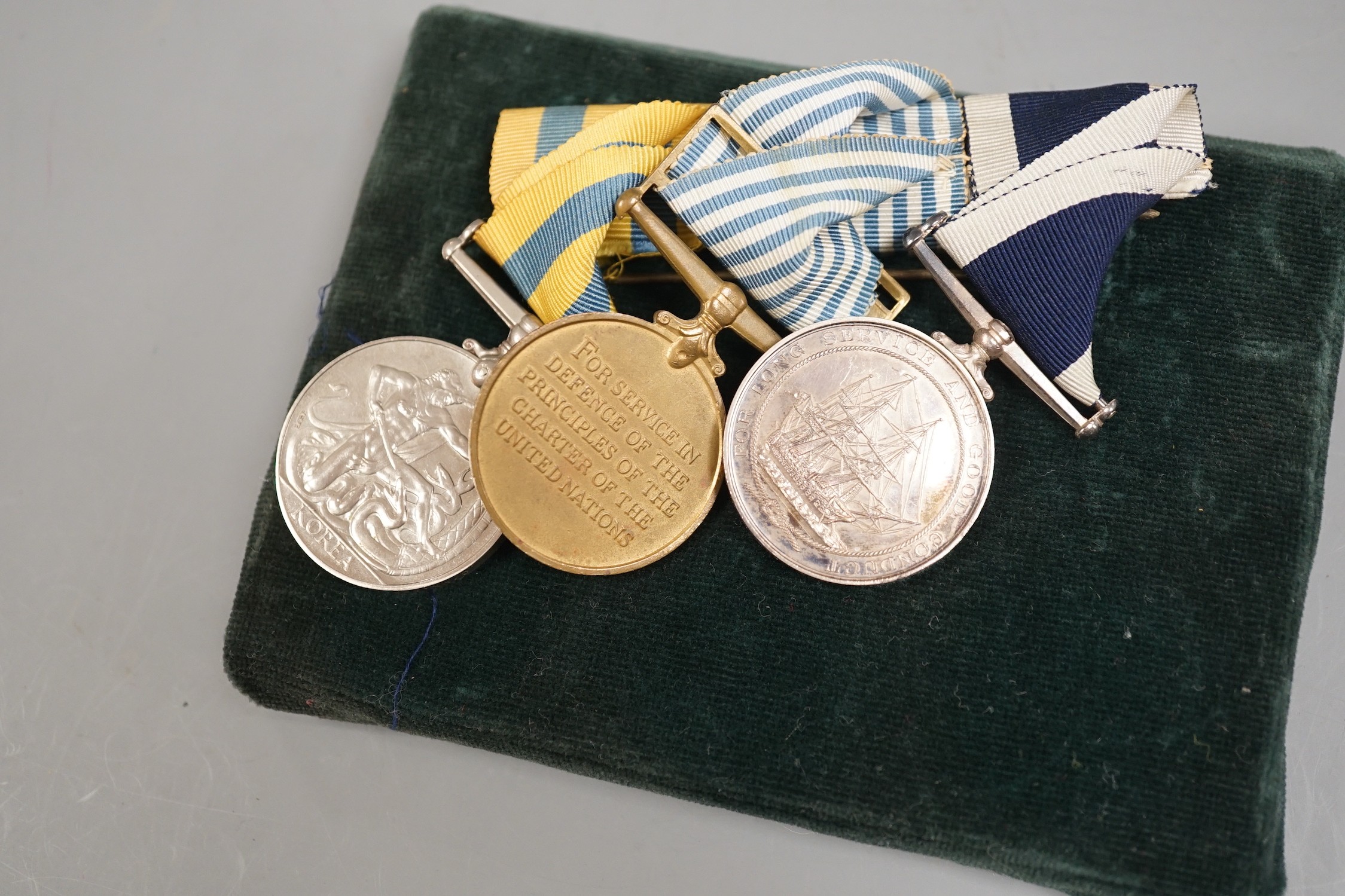 Three Korea medals, awarded to MX . 855843 A.C BATES. E.A .I . H.M.S. EASTBOURNE